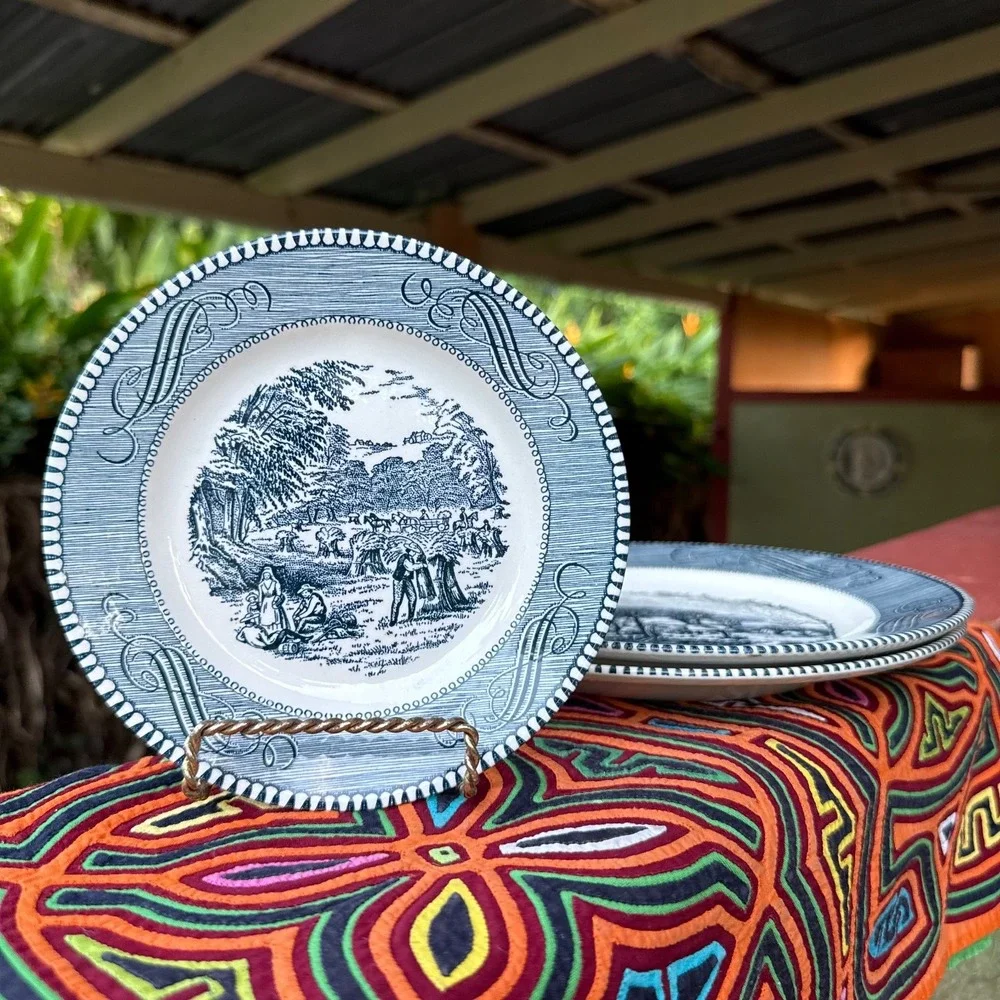 Cavalier Ironstone Royal China USA 3 Pieces Set Navy Transferware Vintage Plates